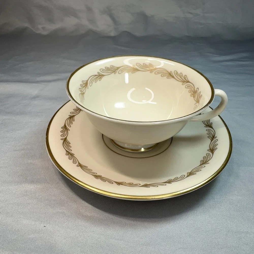 Tiffany & Co Gold Laurel Teacup and Saucer Set Cream Porcelain Japan‎ Gilt Rim